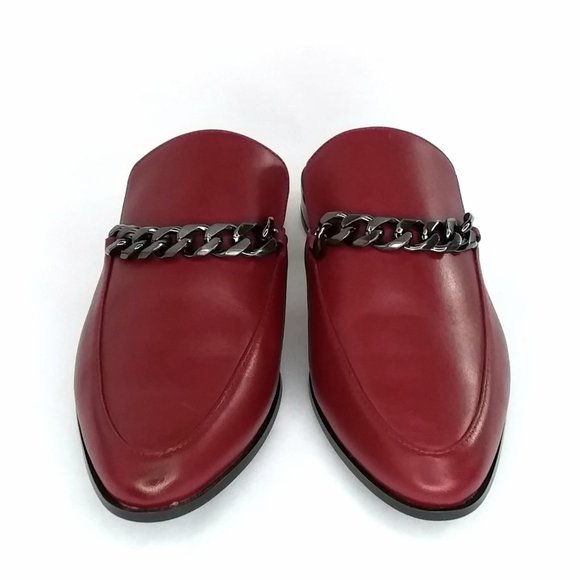 Calvin Klein Frieda Mule In Cherry Red Leather Metallic Chain Detail - Picture 4 of 9